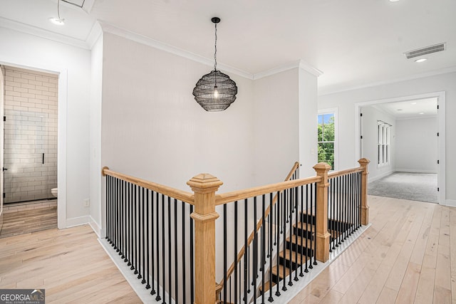 4276 Lindsey Way NE, Roswell, GA 30075 - corridor with an upstairs landing, wood finished floors, ornamental molding, and baseboards