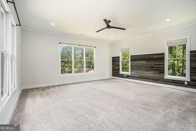 4276 Lindsey Way NE, Roswell, GA 30075 - carpeted empty room featuring a ceiling fan, ornamental molding, and recessed lighting