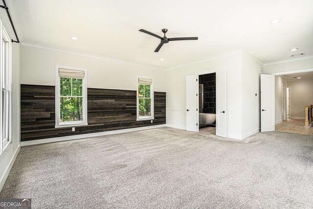 4276 Lindsey Way NE, Roswell, GA 30075 - unfurnished living room featuring a ceiling fan, carpet floors, ornamental molding, and recessed lighting
