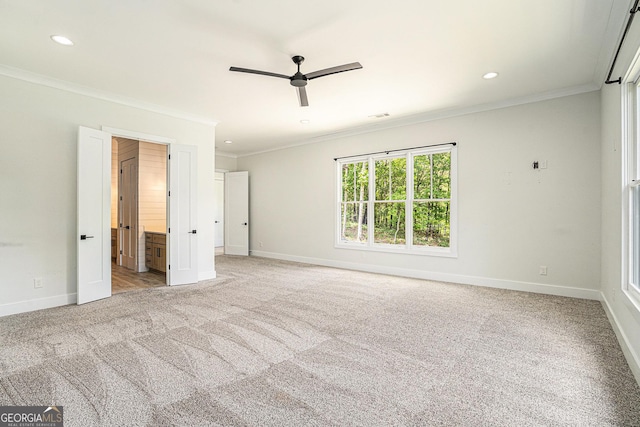 4276 Lindsey Way NE, Roswell, GA 30075 - unfurnished bedroom featuring crown molding, carpet floors, baseboards, recessed lighting, and ceiling fan