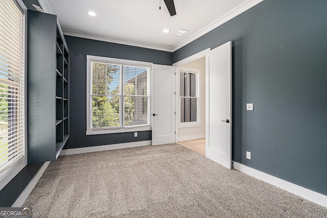 4276 Lindsey Way NE, Roswell, GA 30075 - empty room featuring ornamental molding, carpet flooring, a ceiling fan, baseboards, and recessed lighting