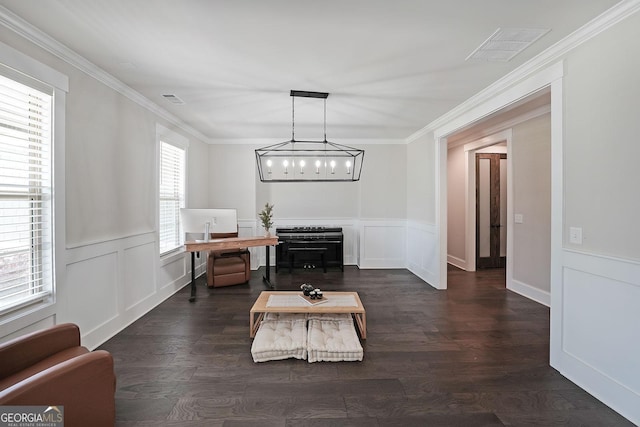 485 Discovery Lake Dr, Fayetteville, GA 30215 - dining space with a wainscoted wall, dark wood finished floors, crown molding, and a decorative wall