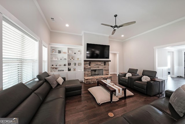485 Discovery Lake Dr, Fayetteville, GA 30215 - living room featuring a ceiling fan, dark wood-style floors, crown molding, a fireplace, and recessed lighting
