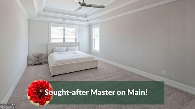 485 Discovery Lake Dr, Fayetteville, GA 30215 - carpeted bedroom with crown molding, a tray ceiling, and baseboards