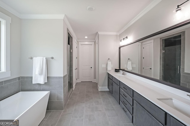 485 Discovery Lake Dr, Fayetteville, GA 30215 - full bathroom with double vanity, a freestanding bath, a stall shower, tile patterned floors, and recessed lighting