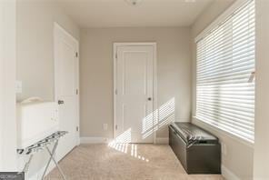 interior space with baseboards and carpet floors