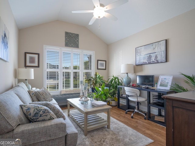 137 Ryan Nicholas Dr, Kingsland, GA 31548 - office with wood finished floors, ceiling fan, and lofted ceiling