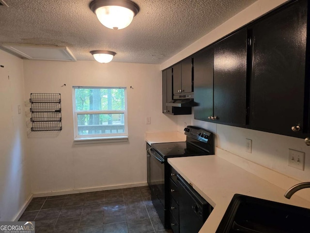 kitchen with black / electric stove, dark cabinetry, under cabinet range hood, a sink, and a textured ceiling