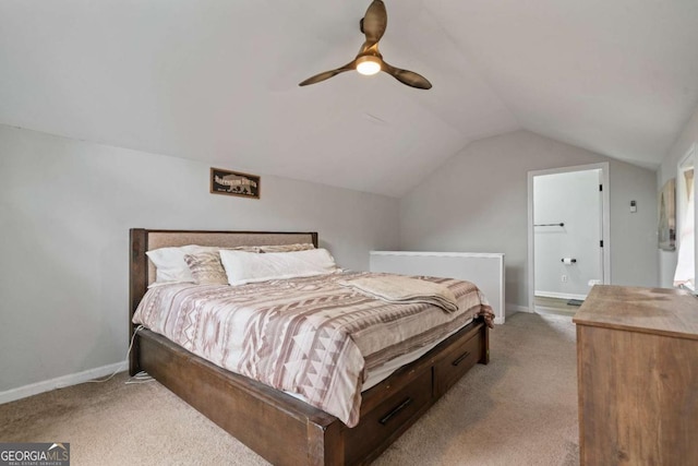 bedroom featuring carpet flooring, lofted ceiling, baseboards, and a ceiling fan
