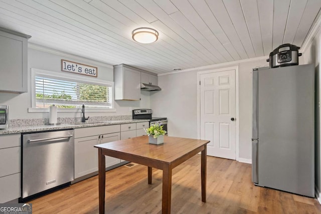 kitchen featuring appliances with stainless steel finishes, a sink, ornamental molding, under cabinet range hood, and gray cabinetry