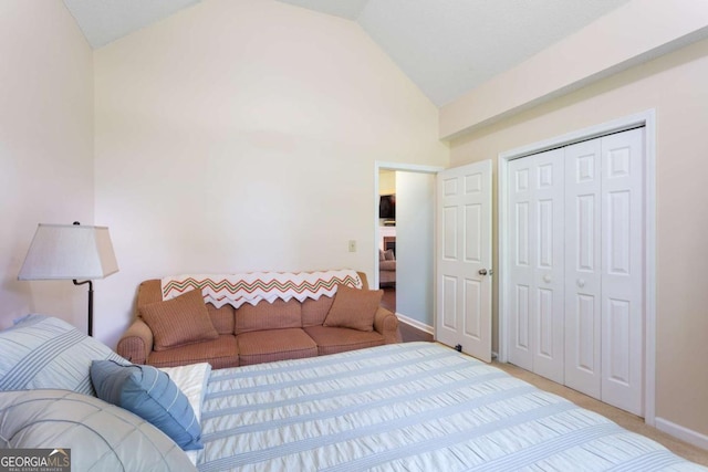 836 Palmetto Tyrone Rd, Sharpsburg, GA 30277 - bedroom featuring lofted ceiling, a closet, light carpet, and baseboards