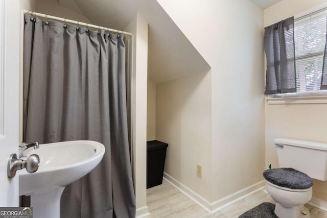 836 Palmetto Tyrone Rd, Sharpsburg, GA 30277 - full bath with toilet, vaulted ceiling, baseboards, and a sink