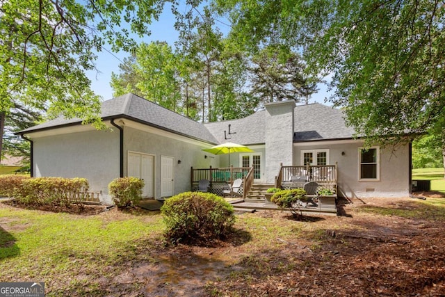 836 Palmetto Tyrone Rd, Sharpsburg, GA 30277 - back of house with french doors, a wooden deck, stucco siding, and a shingled roof