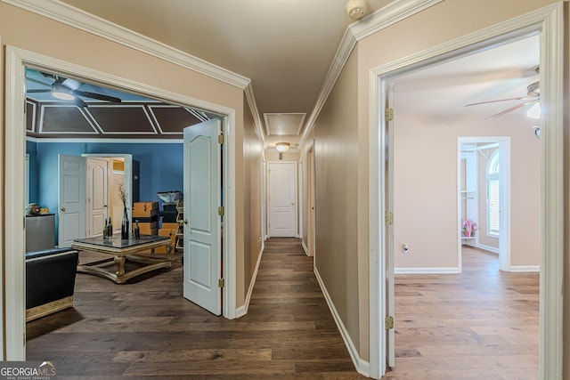 5342 Lakerock Dr SW, South Fulton, GA 30331 - hallway featuring attic access, dark wood-style flooring, baseboards, and crown molding