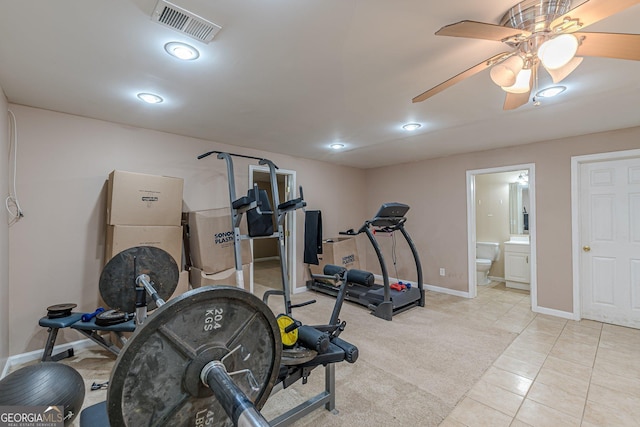 5342 Lakerock Dr SW, South Fulton, GA 30331 - exercise area with baseboards, ceiling fan, light tile patterned floors, and recessed lighting