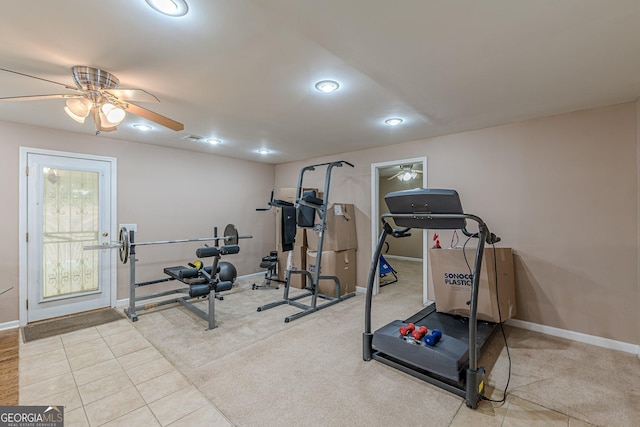 5342 Lakerock Dr SW, South Fulton, GA 30331 - exercise area featuring a ceiling fan, baseboards, carpet flooring, and recessed lighting