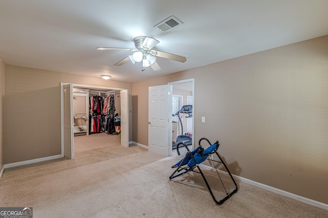 5342 Lakerock Dr SW, South Fulton, GA 30331 - exercise area with light carpet, baseboards, and ceiling fan