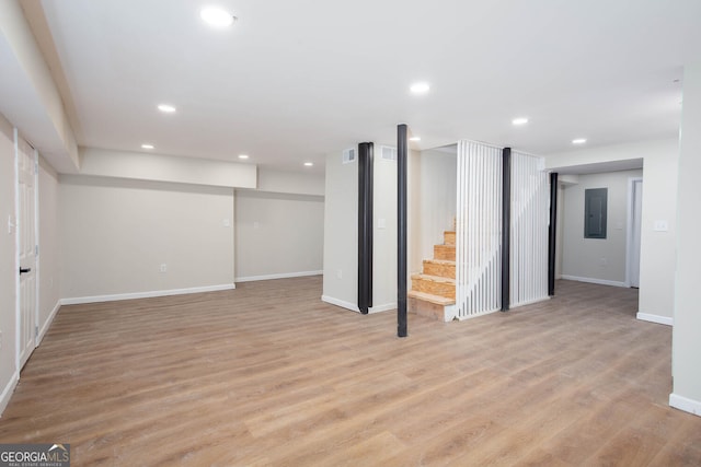 2131 Glendale Dr, Decatur, GA 30032 - finished basement featuring electric panel, baseboards, light wood finished floors, recessed lighting, and stairway