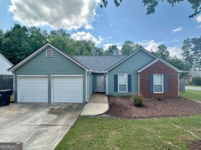 ranch-style house with an attached garage, concrete driveway, a chimney, brick siding, and a front yard