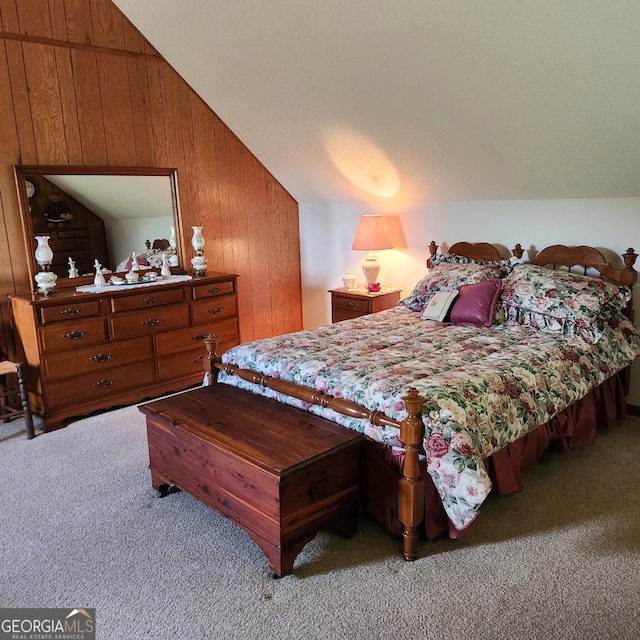 8578 Soapstone Creek Cir, Hiawassee, GA 30546 - carpeted bedroom with wood walls and vaulted ceiling