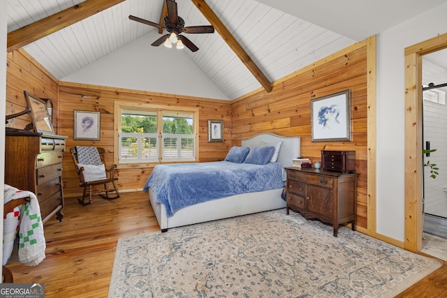 bedroom with wooden walls, wood finished floors, ceiling fan, and wooden ceiling