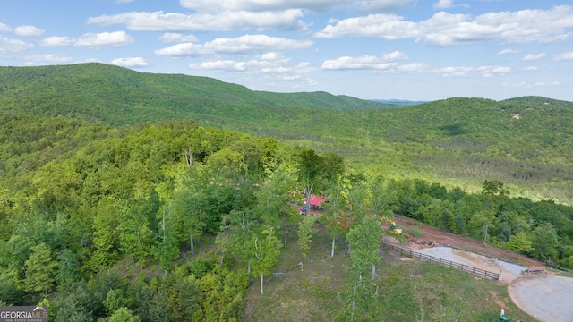 view of mountain backdrop featuring a forest