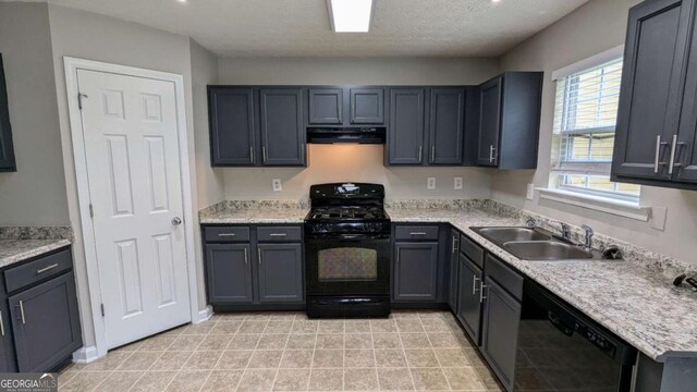 2153 Pine View Trl, Ellenwood, GA 30294 - kitchen with black appliances, range hood, light countertops, a textured ceiling, and light tile patterned floors