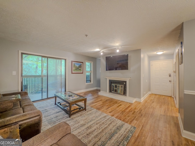 2610 Cumberland Ct, Smyrna, GA 30080 - living area featuring a textured ceiling, light wood finished floors, a glass covered fireplace, and baseboards