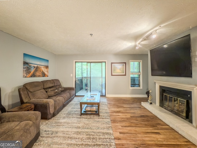 2610 Cumberland Ct, Smyrna, GA 30080 - living room with wood finished floors, baseboards, plenty of natural light, a textured ceiling, and a glass covered fireplace
