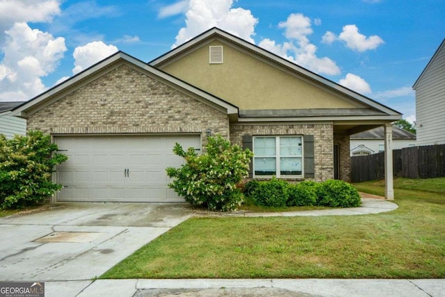 view of front of home with driveway, a garage, brick siding, and stucco siding