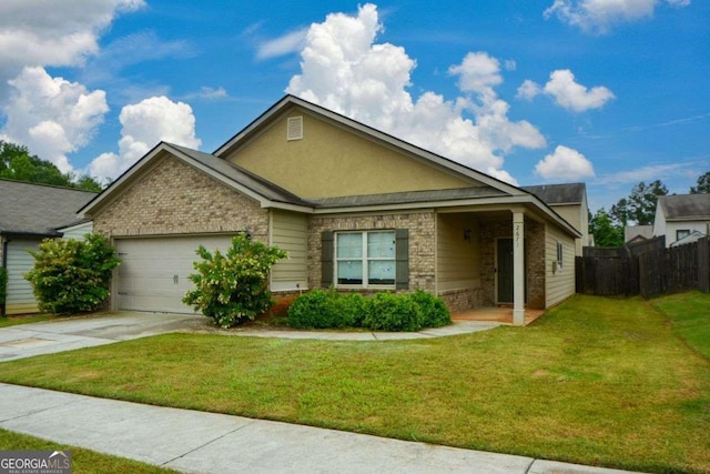 single story home featuring an attached garage, driveway, brick siding, and stone siding