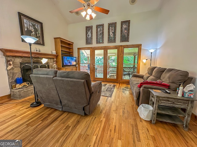 30 Putter Ln, Dillard, GA 30537 - living room with wood finished floors, high vaulted ceiling, and a ceiling fan