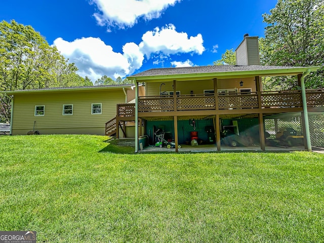 30 Putter Ln, Dillard, GA 30537 - back of property featuring a wooden deck, stairway, a lawn, and a chimney