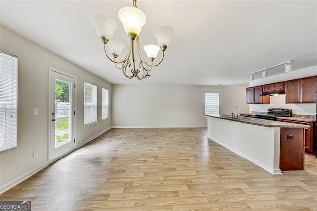 kitchen with a chandelier, electric range oven, rail lighting, light wood finished floors, and under cabinet range hood