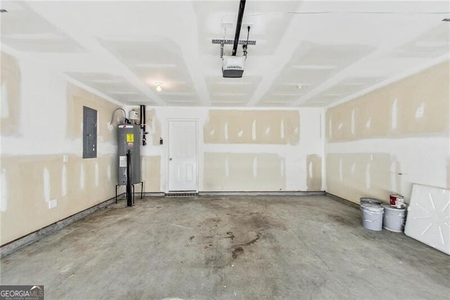 garage with electric water heater, electric panel, and a garage door opener