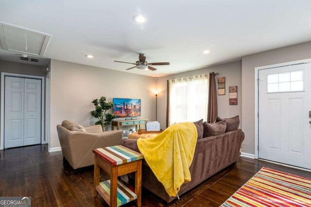 3224 Canary Ct, Decatur, GA 30032 - living area with attic access, healthy amount of natural light, a ceiling fan, wood finished floors, and recessed lighting