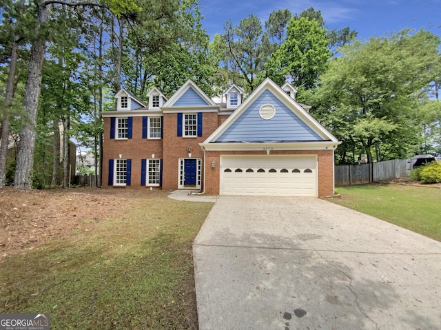 view of front of house featuring concrete driveway, a garage, and brick siding