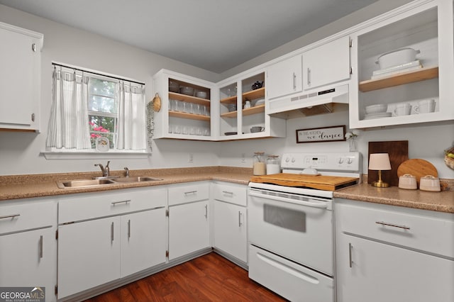 142 Dawn Cir, Brunswick, GA 31523 - kitchen featuring white range with electric stovetop, under cabinet range hood, a sink, and open shelves