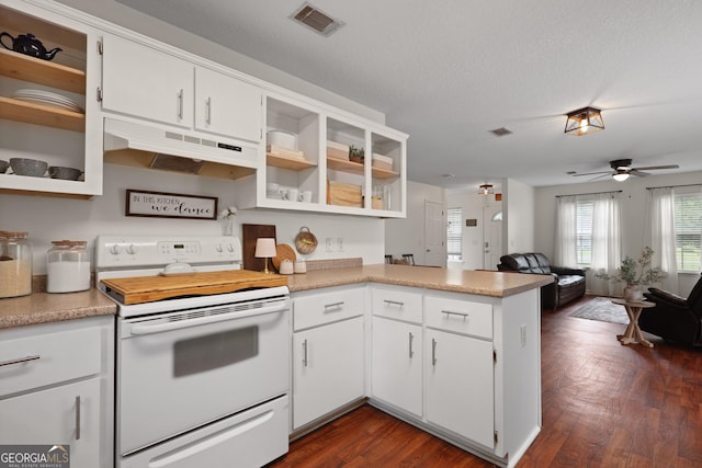 142 Dawn Cir, Brunswick, GA 31523 - kitchen with white range with electric cooktop, open shelves, under cabinet range hood, a peninsula, and ceiling fan