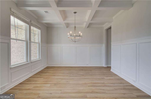 612 Sidney Ct, Stockbridge, GA 30281 - unfurnished dining area featuring a decorative wall, a chandelier, beamed ceiling, light wood finished floors, and coffered ceiling