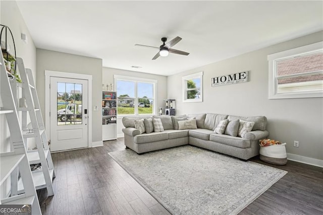 166 Wagon Trail Cir, Fairmount, GA 30139 - living area featuring a ceiling fan and dark wood finished floors
