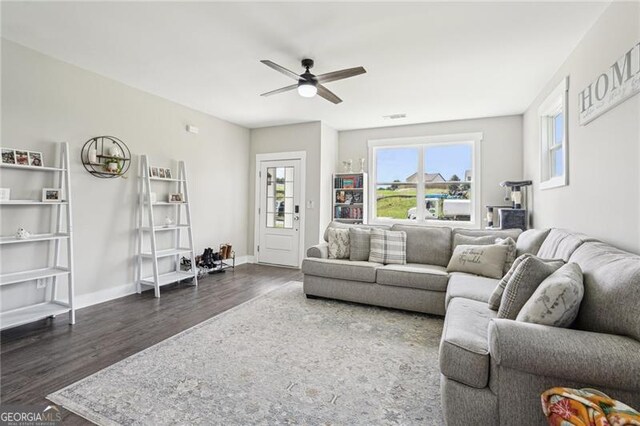 166 Wagon Trail Cir, Fairmount, GA 30139 - living room featuring dark wood-style floors and ceiling fan