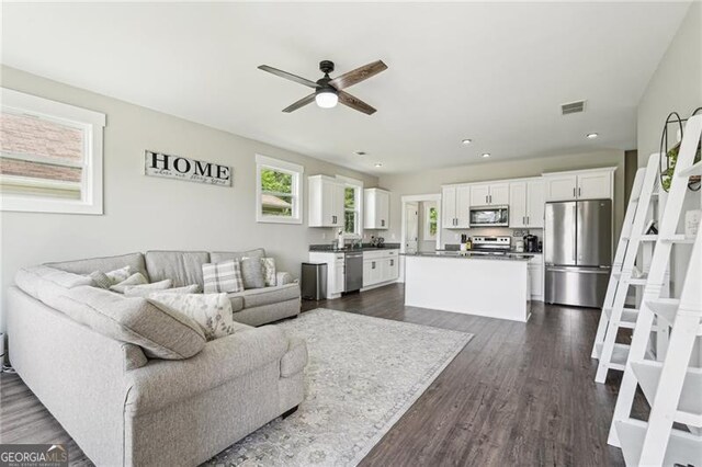 166 Wagon Trail Cir, Fairmount, GA 30139 - living room featuring a ceiling fan, dark wood-style flooring, and recessed lighting