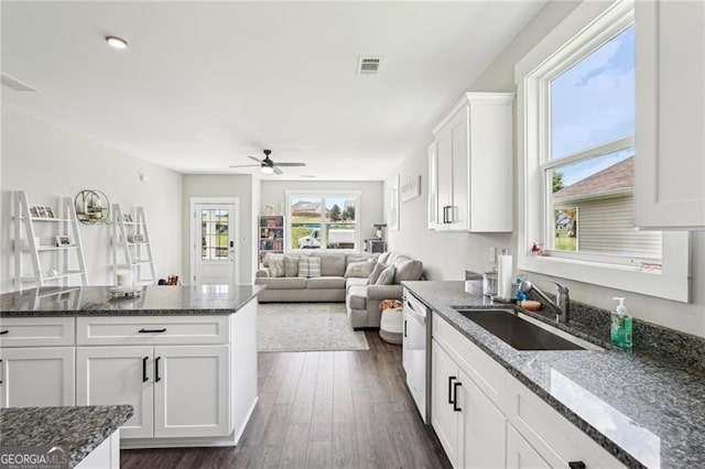 166 Wagon Trail Cir, Fairmount, GA 30139 - kitchen featuring stainless steel dishwasher, ceiling fan, white cabinets, and dark stone countertops