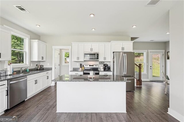 kitchen with appliances with stainless steel finishes, a center island, plenty of natural light, a sink, and recessed lighting