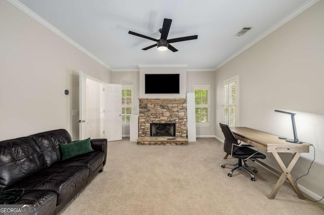 626 Kimberly Ln NE, Atlanta, GA 30306 - carpeted living area featuring ornamental molding, an office area, ceiling fan, baseboards, and a fireplace