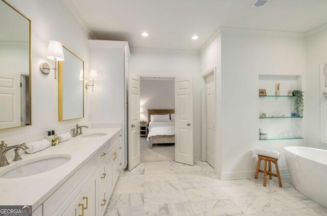 626 Kimberly Ln NE, Atlanta, GA 30306 - full bath with crown molding, marble finish floors, recessed lighting, a freestanding tub, and double vanity