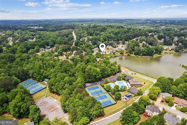 aerial view of a large body of water and a forest