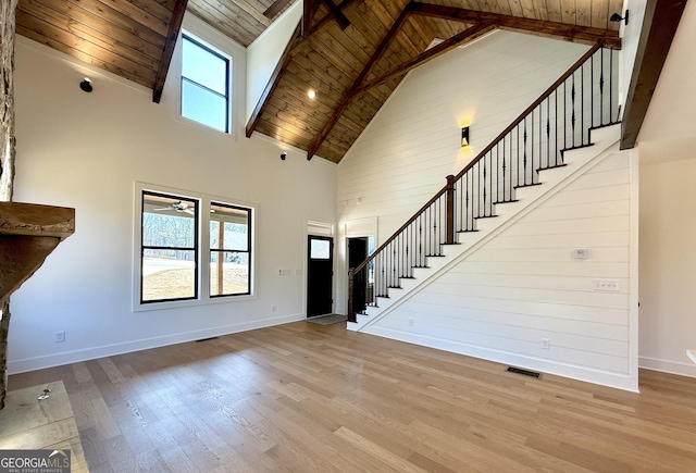 116 Boulder Ln, Cleveland, GA 30528 - entryway featuring stairway, high vaulted ceiling, wooden ceiling, baseboards, and wood finished floors