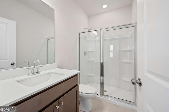 1246 Allspice Way, Lawrenceville, GA 30045 - full bath featuring a shower stall, toilet, vanity, tile patterned flooring, and recessed lighting